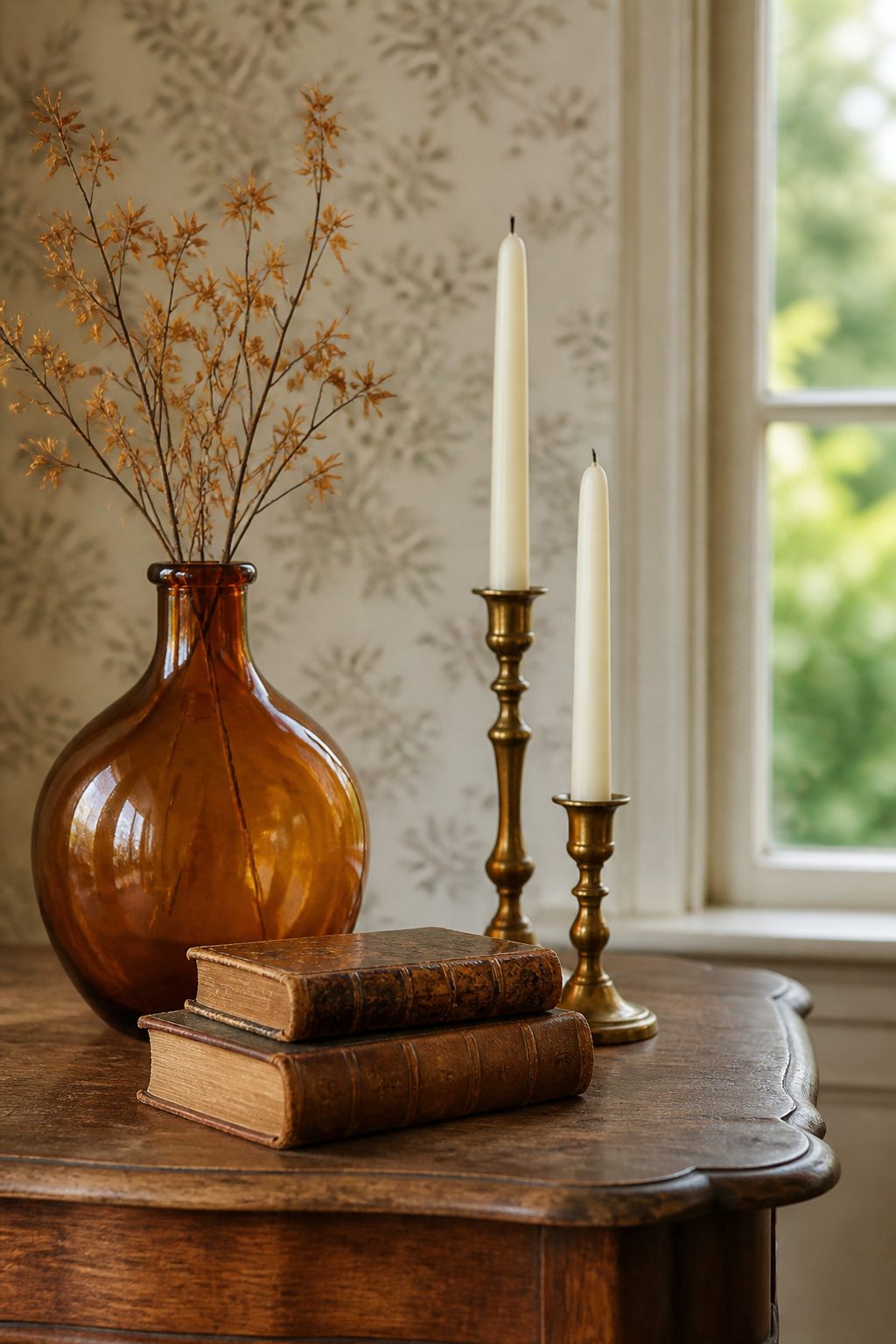 Amber glass and brass pieces arranged on a shelf for fall.