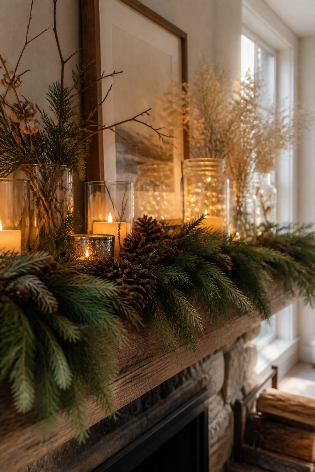 7 Christmas Decorating Inspiration Ideas for Your Home in 2026 8 A mantel decorated with an evergreen garland and pinecones.
