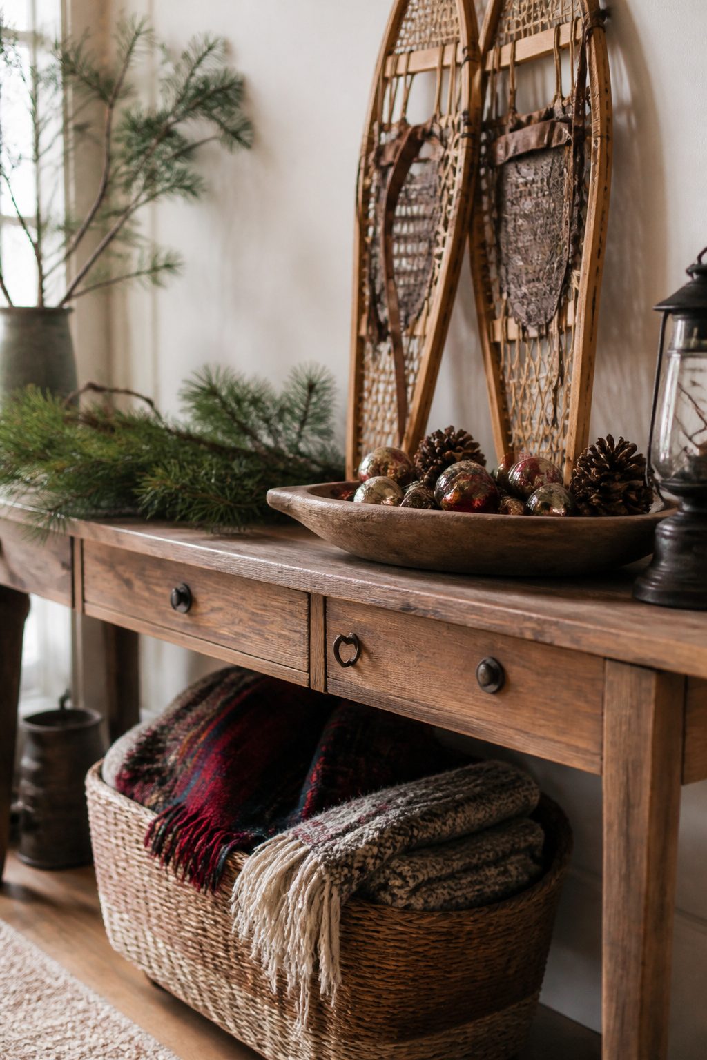 7 Christmas Decorating Inspiration Ideas for Your Home in 2026 9 Vintage snowshoes leaning against a console table.