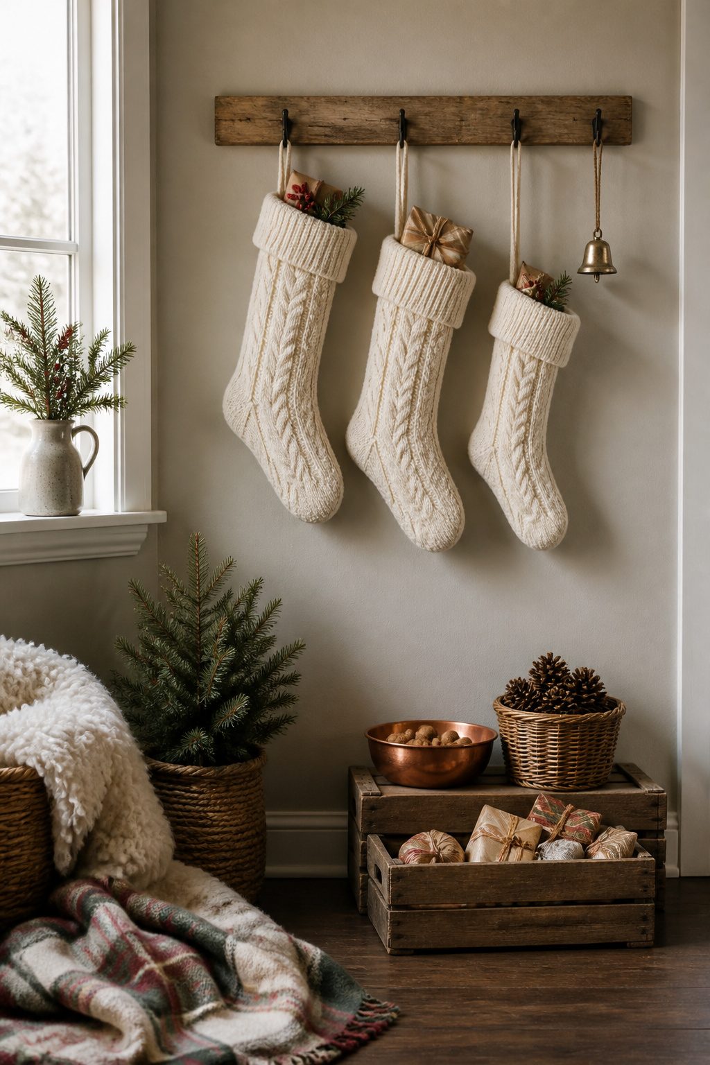 7 Christmas Decorating Inspiration Ideas for Your Home in 2026 5 Three cable knit Christmas stockings displayed on a wall.