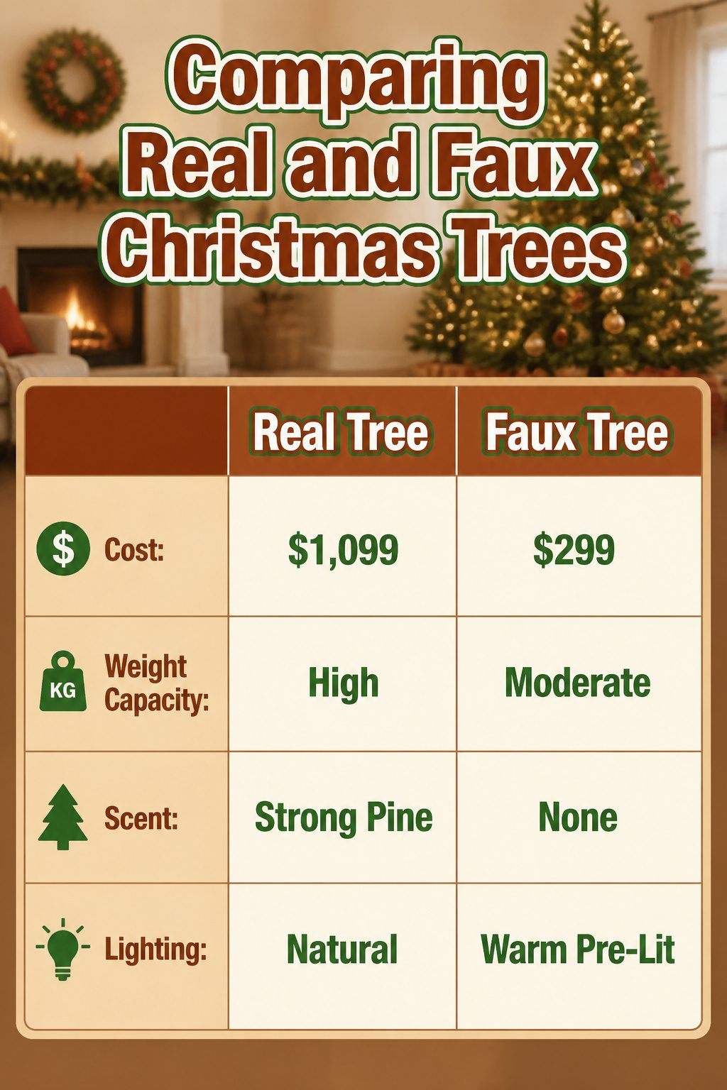 7 Christmas Decorating Inspiration Ideas for Your Home in 2026 2 An infographic comparing real and faux Christmas trees.