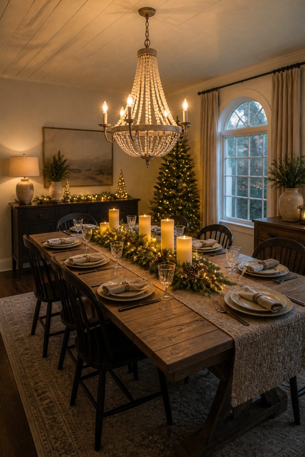 A lamp and chandelier provide warm lighting in a decorated dining room.