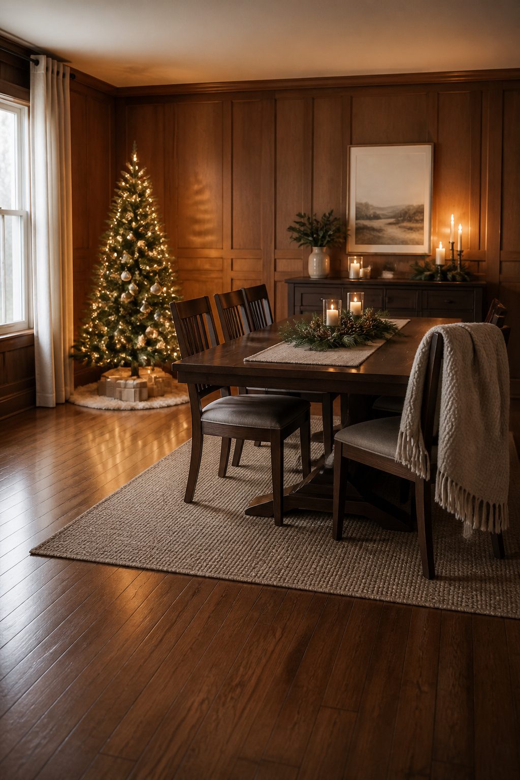 A Christmas tree positioned in a corner of a dining room.