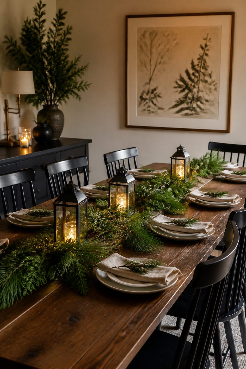 A faux garland and fresh pine branches adorn a dining table.