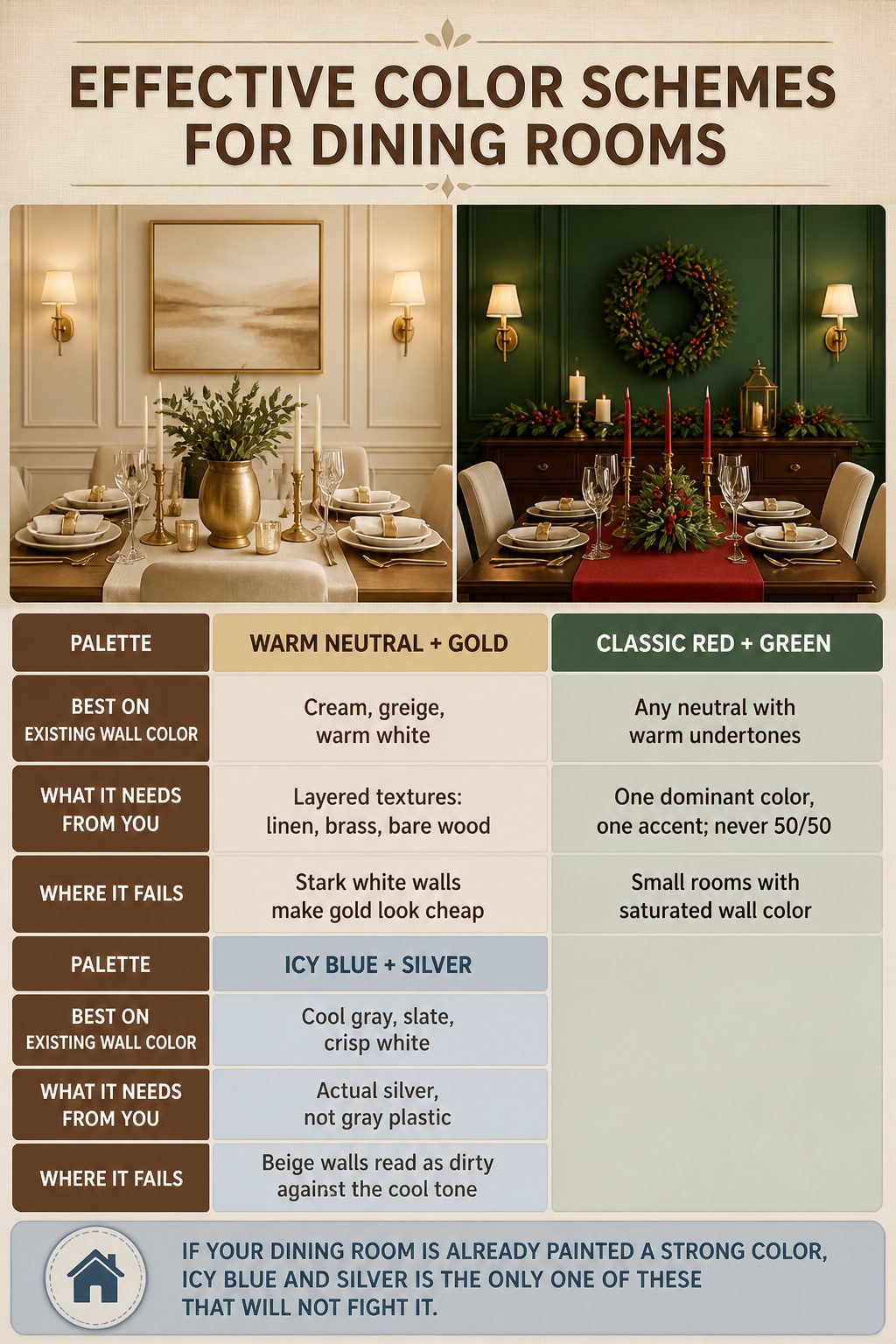 A chart showing color schemes for Christmas dining room decor.