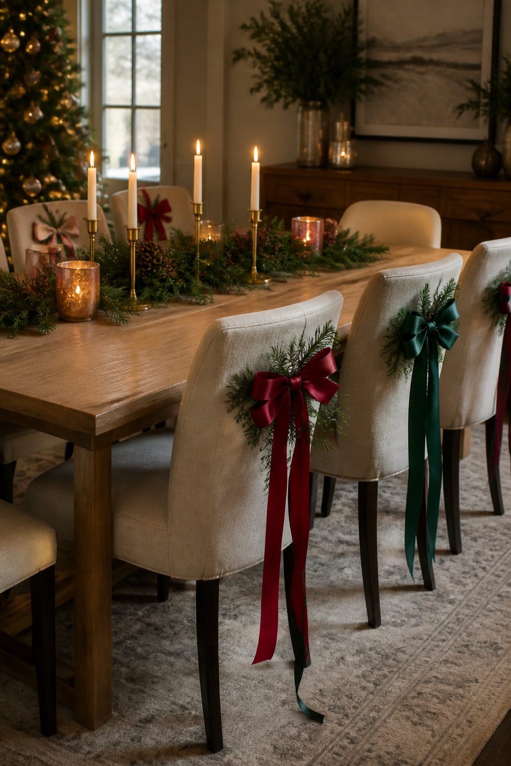 Colorful ribbon swags tied to the backs of dining chairs.