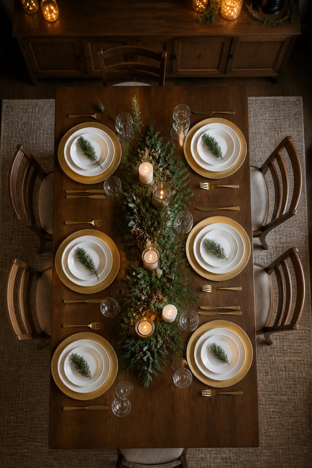 White dinnerware with gold chargers set on a dining table.