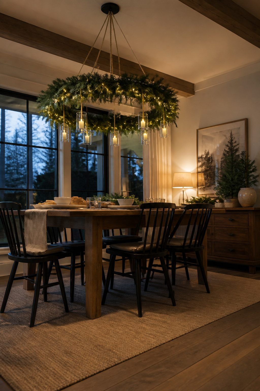 Fresh greenery and twinkling lights suspended over a dining table.