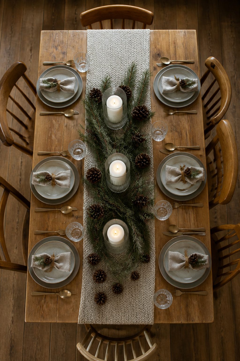 A low arrangement of greenery and candles on a dining table.
