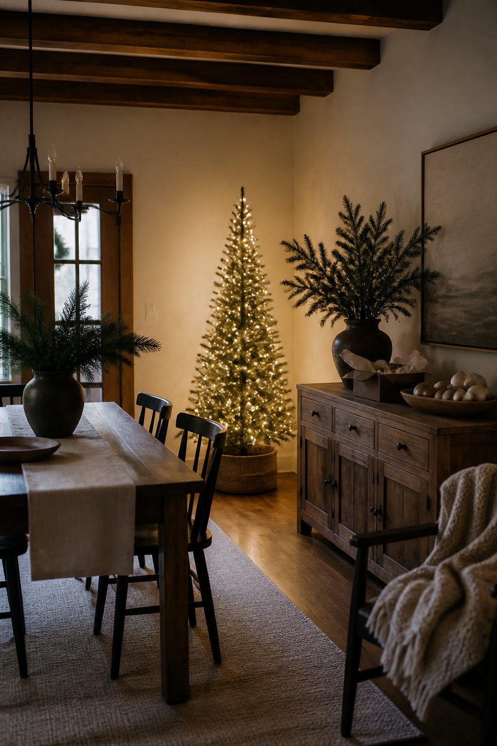 A full-size Christmas tree with simple decorations in a dining room corner.