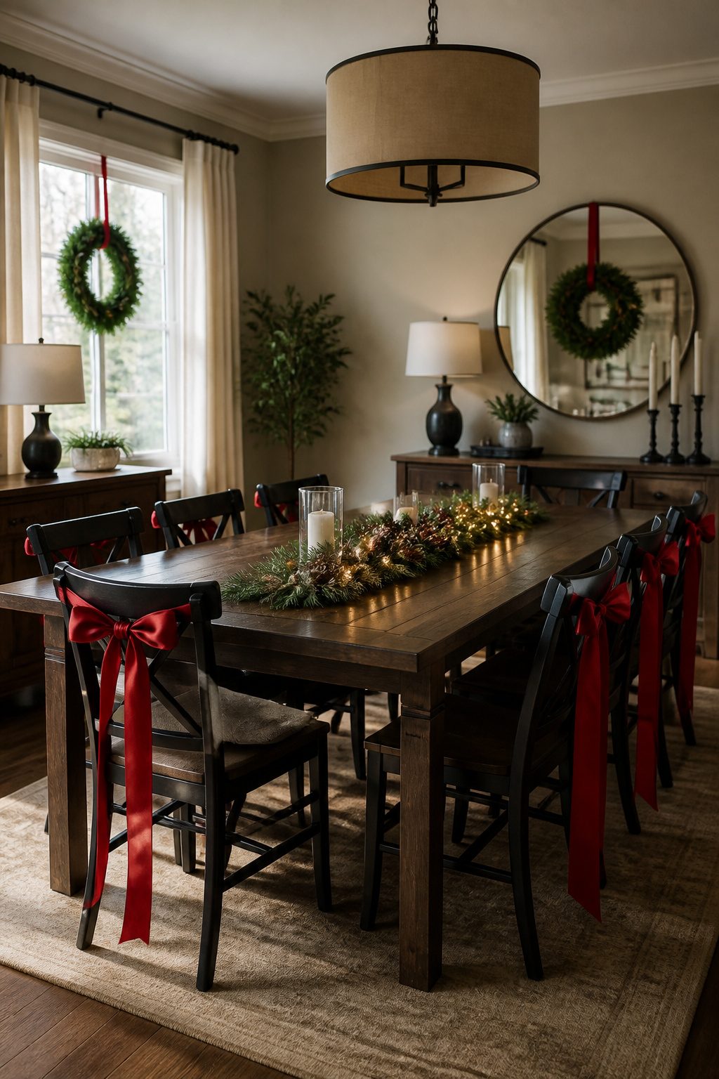 Red ribbons tied to dining chairs and matching wreaths in the dining room.