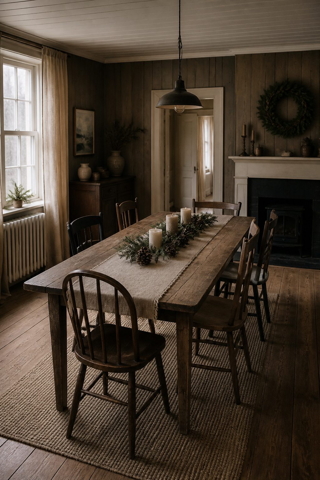 A table decorated with pinecones and a cotton runner.