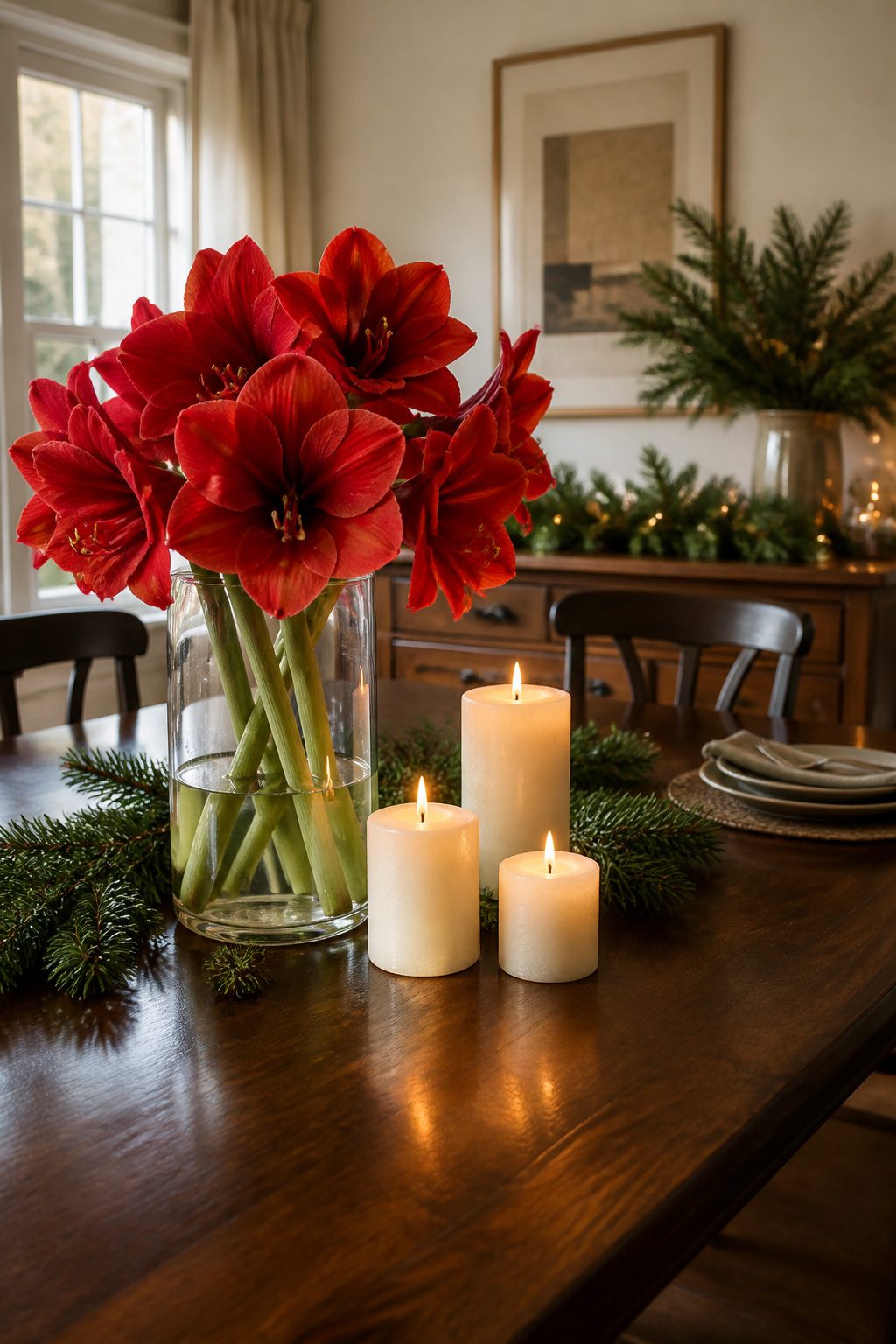 Deep red amaryllis and white pillar candles on a dining table.