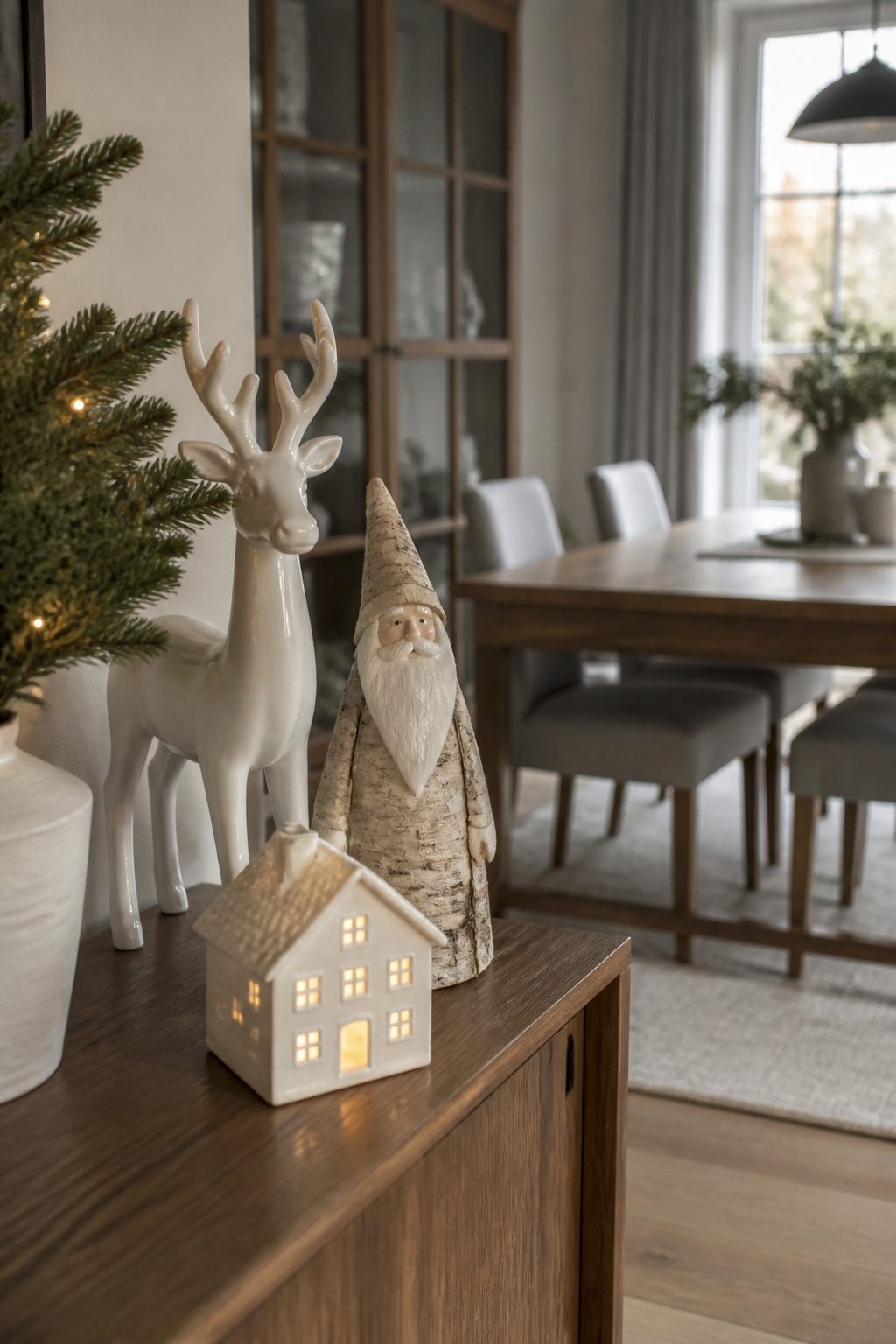 Three Christmas figurines, including a reindeer and a Santa, on a sideboard.