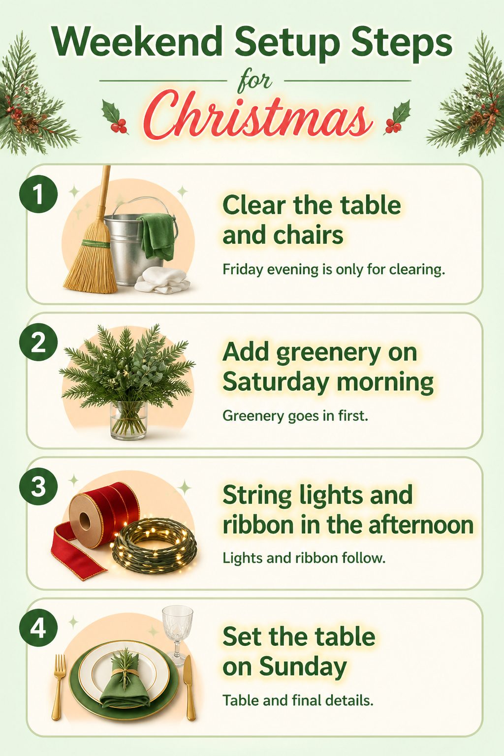 Steps outlined for organizing a Christmas dining room setup.
