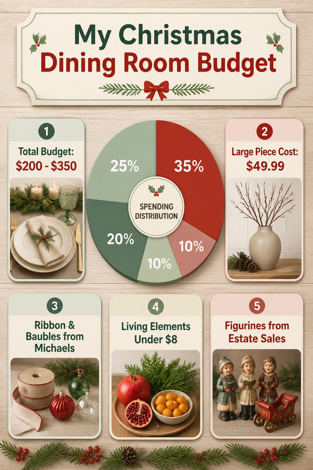 A chart detailing the budget for Christmas dining room decorations.