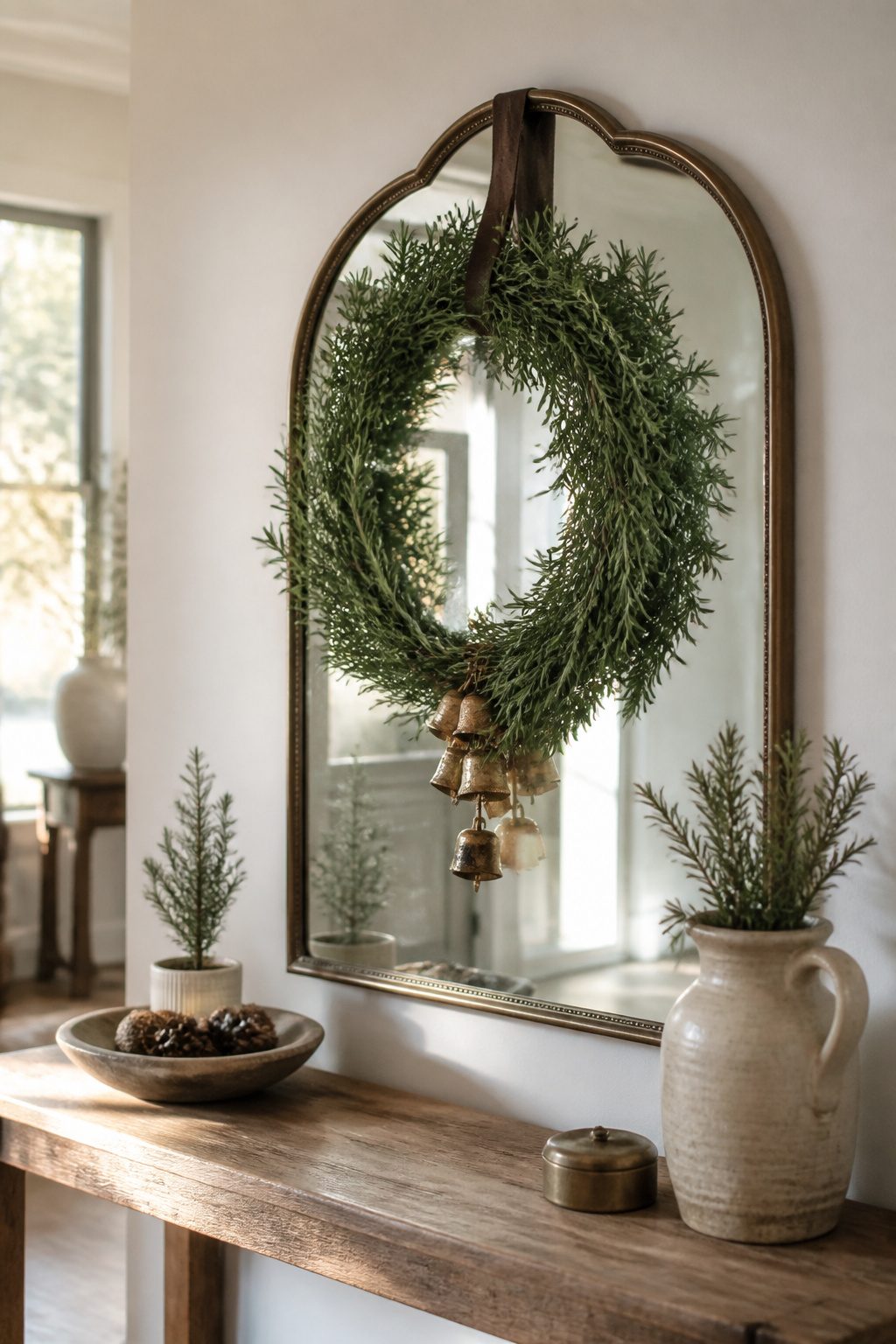 A rosemary wreath with bells hanging on a door.