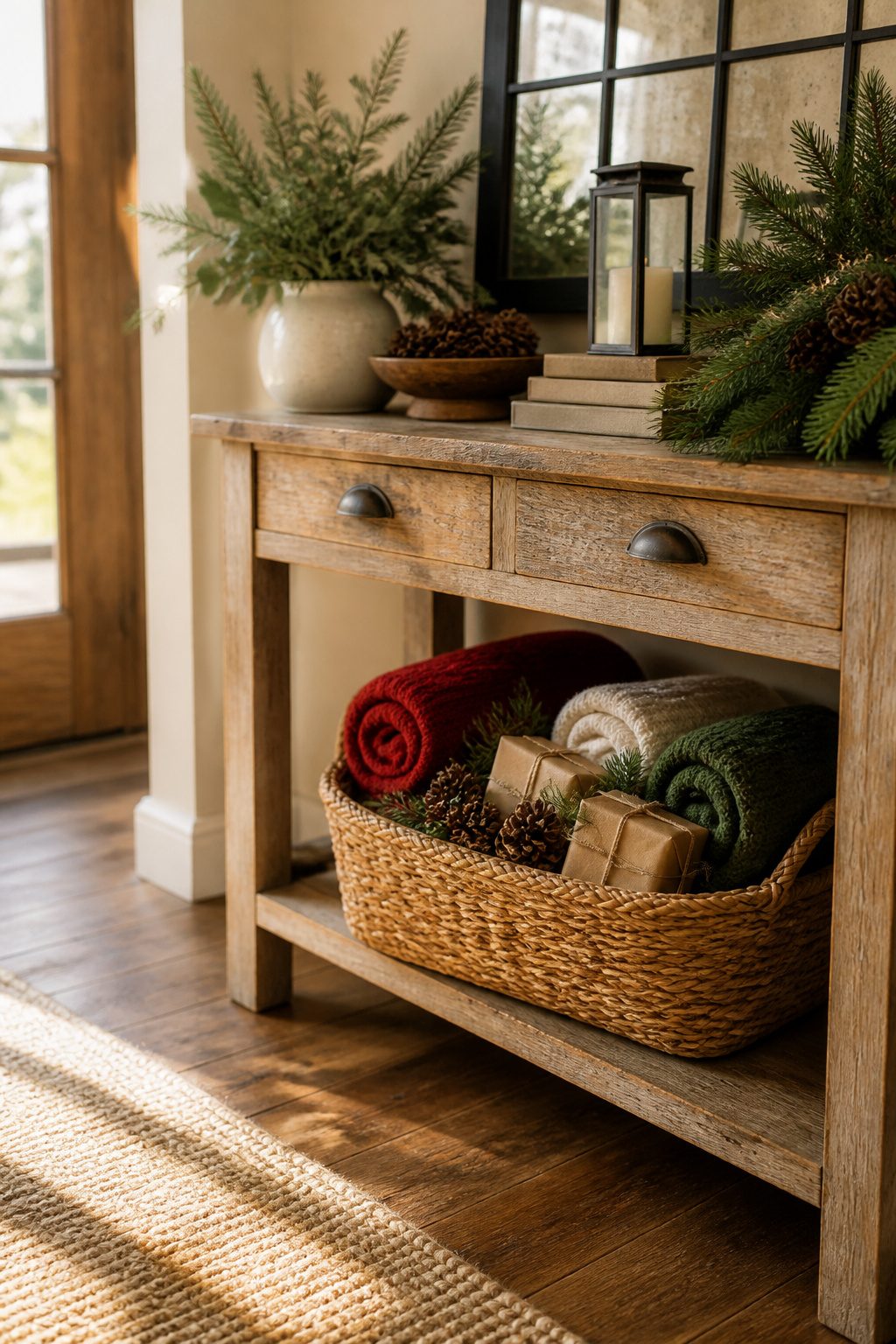 A woven basket filled with throws and faux-wrapped gifts.