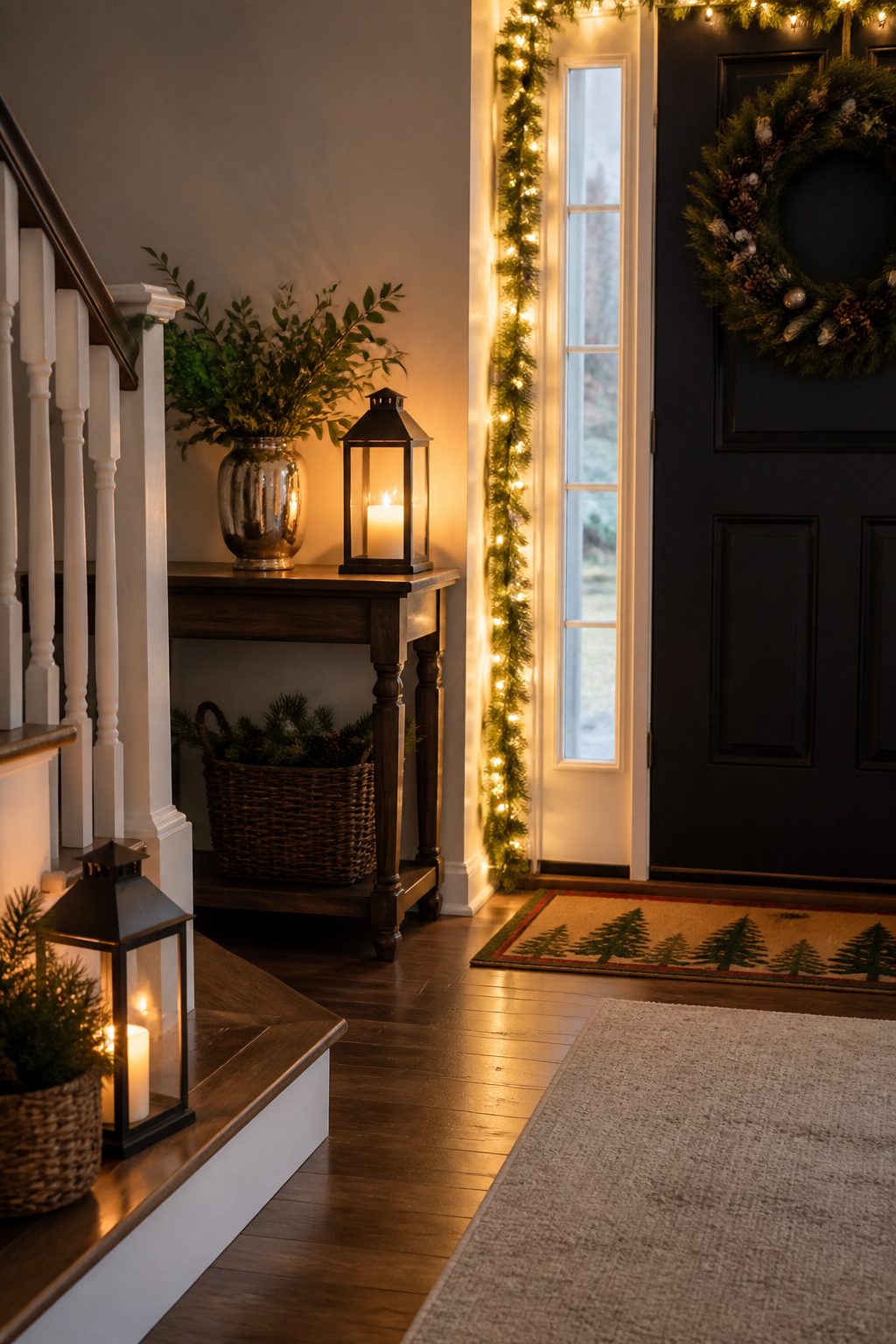 Lanterns and string lights illuminating an entryway.