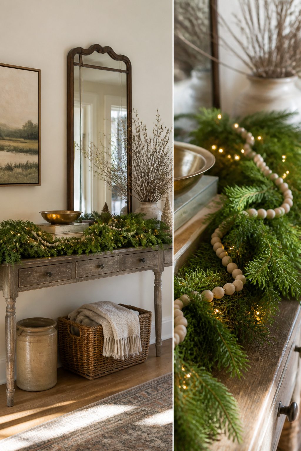 Norfolk Pine Garland draped on a console table.
