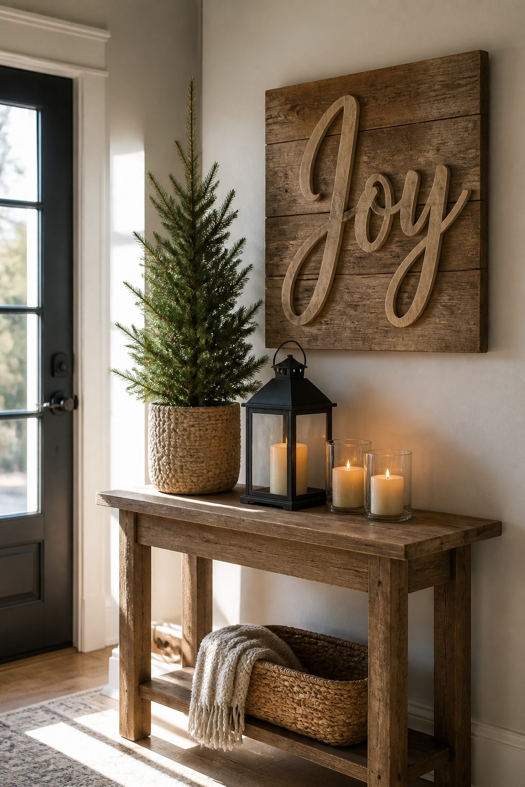 A wooden sign reading 'Joy' above a small hook rail.
