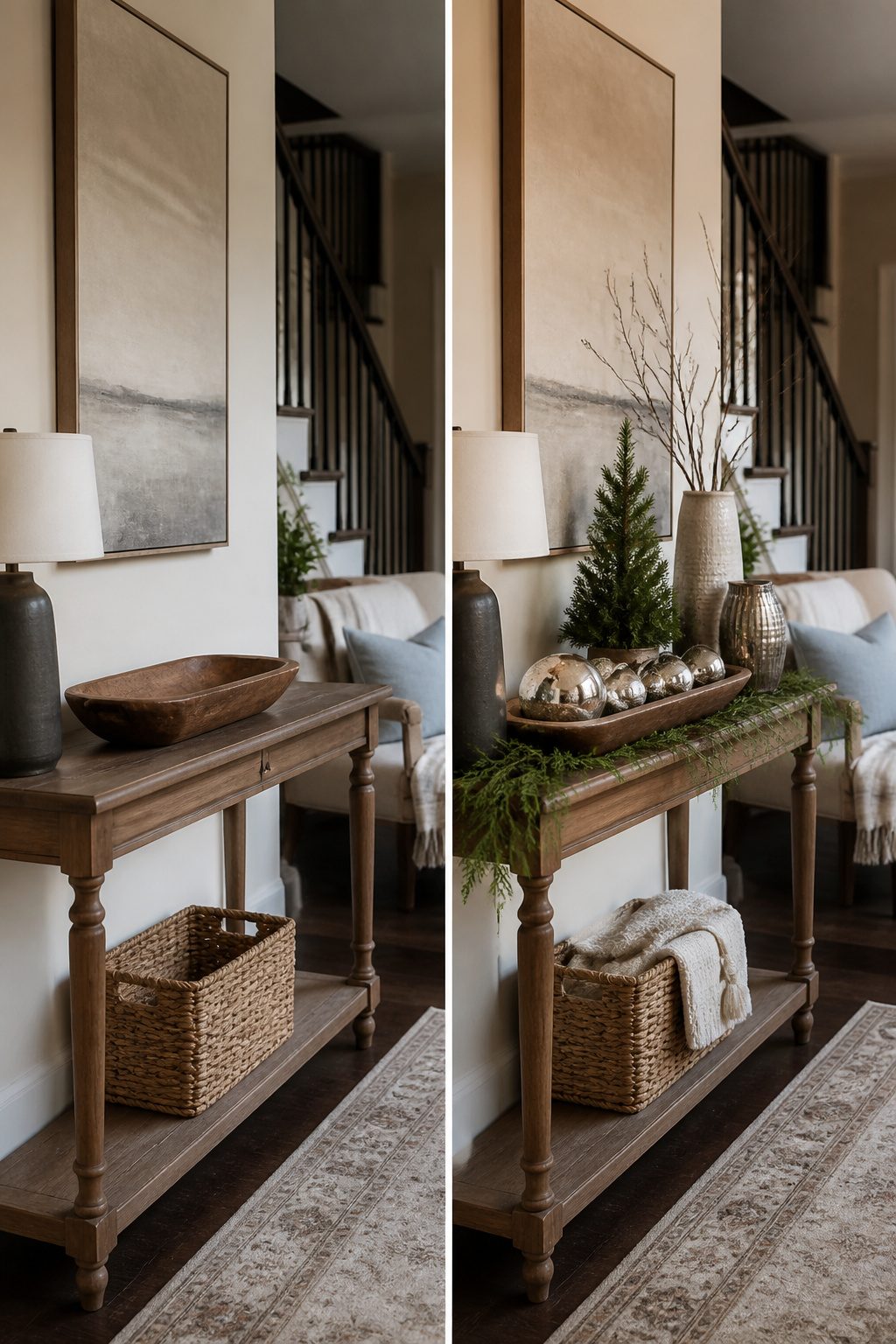 A console table layered with different decorative items.