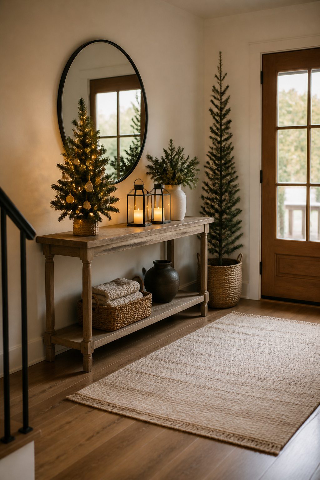 A mini Christmas tree with lights on a console table.