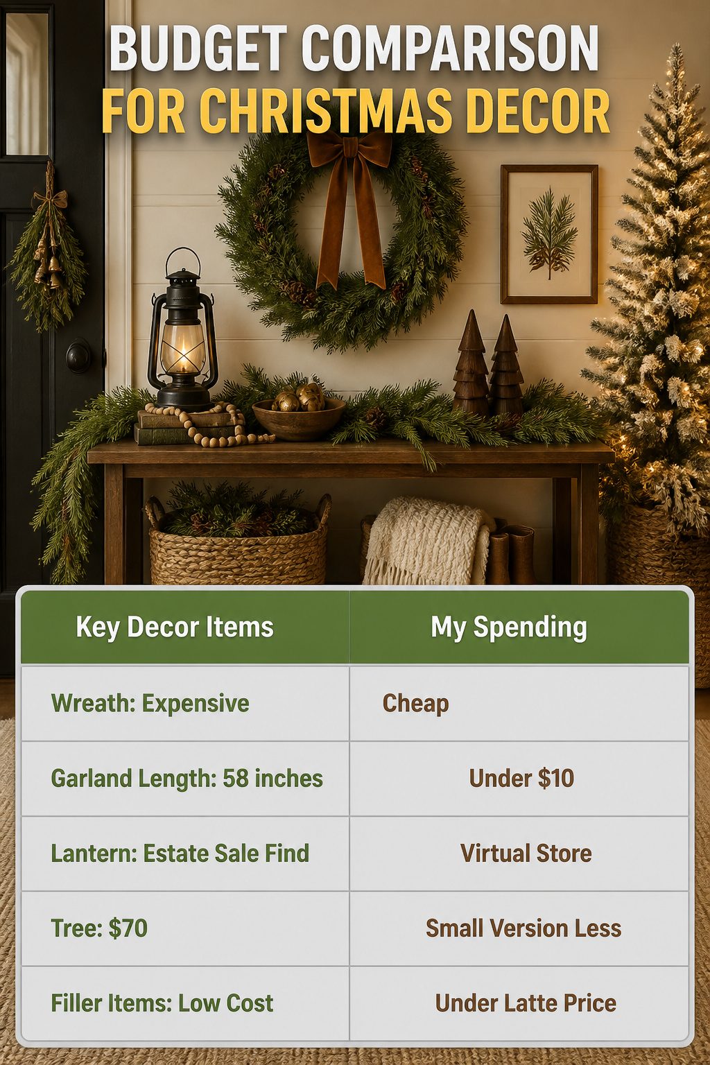 A chart comparing costs for Christmas decorations.
