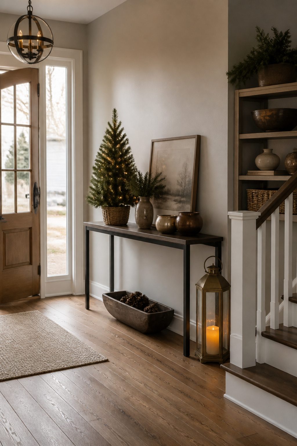 A cozy entryway decorated for Christmas.