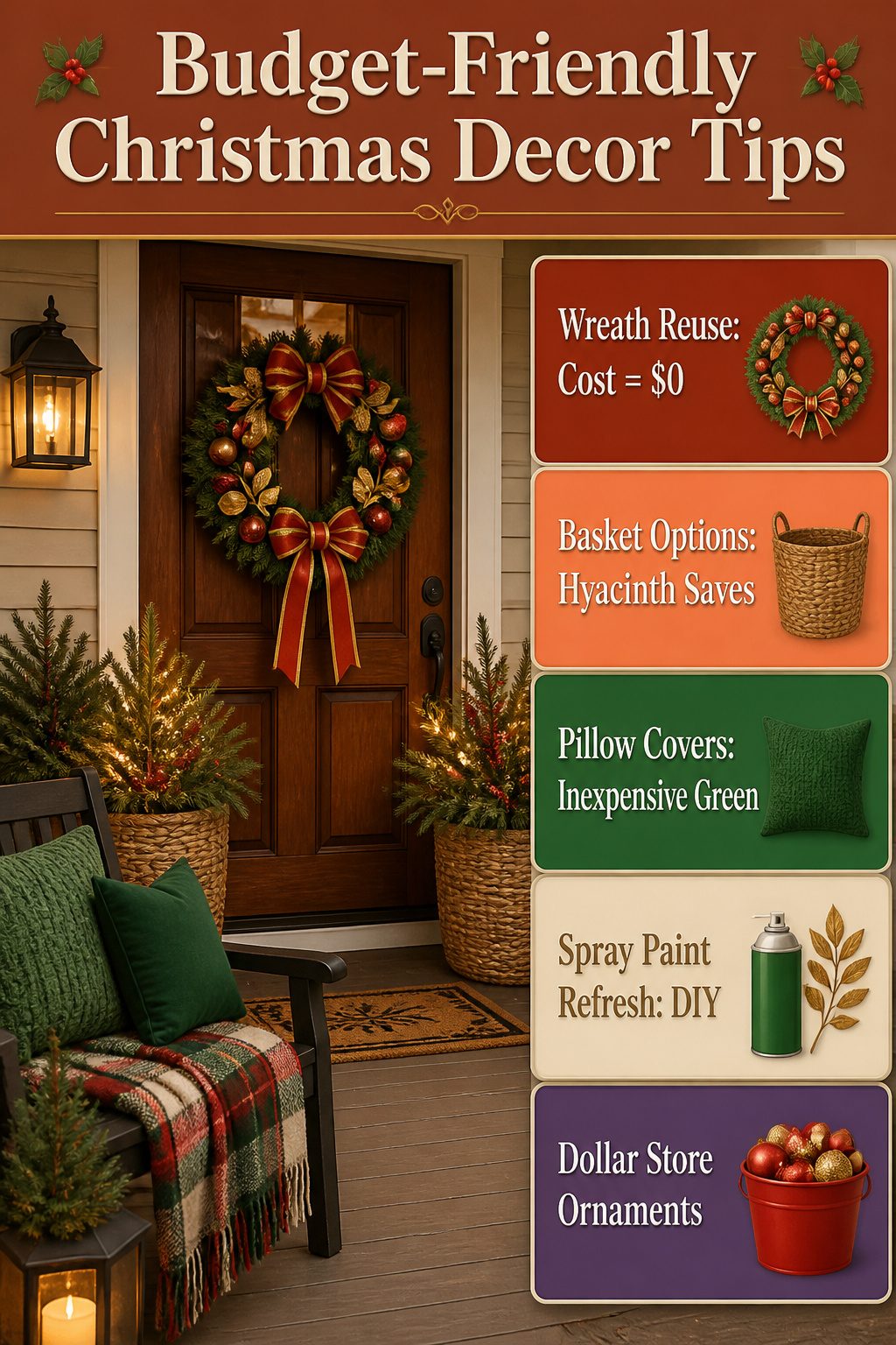 8 Christmas Front Porch Decorating Ideas for 2026 12 An informative image with budget-friendly Christmas decor tips.