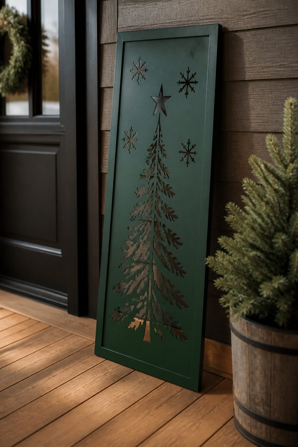 8 Christmas Front Porch Decorating Ideas for 2026 5 A decorative sign leaning against the porch railing.