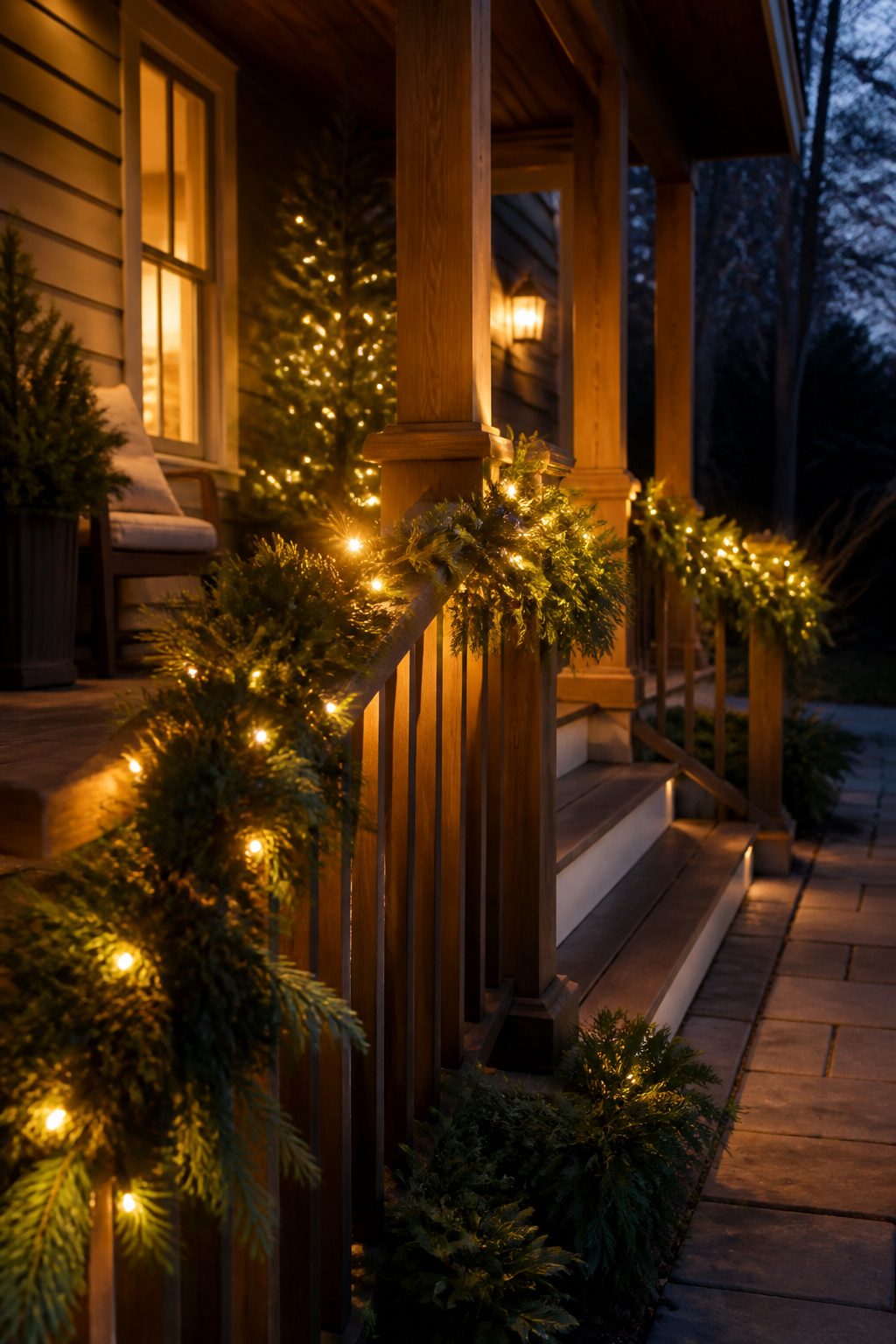 8 Christmas Front Porch Decorating Ideas for 2026 6 LED fairy lights woven through a garland on the porch railing.