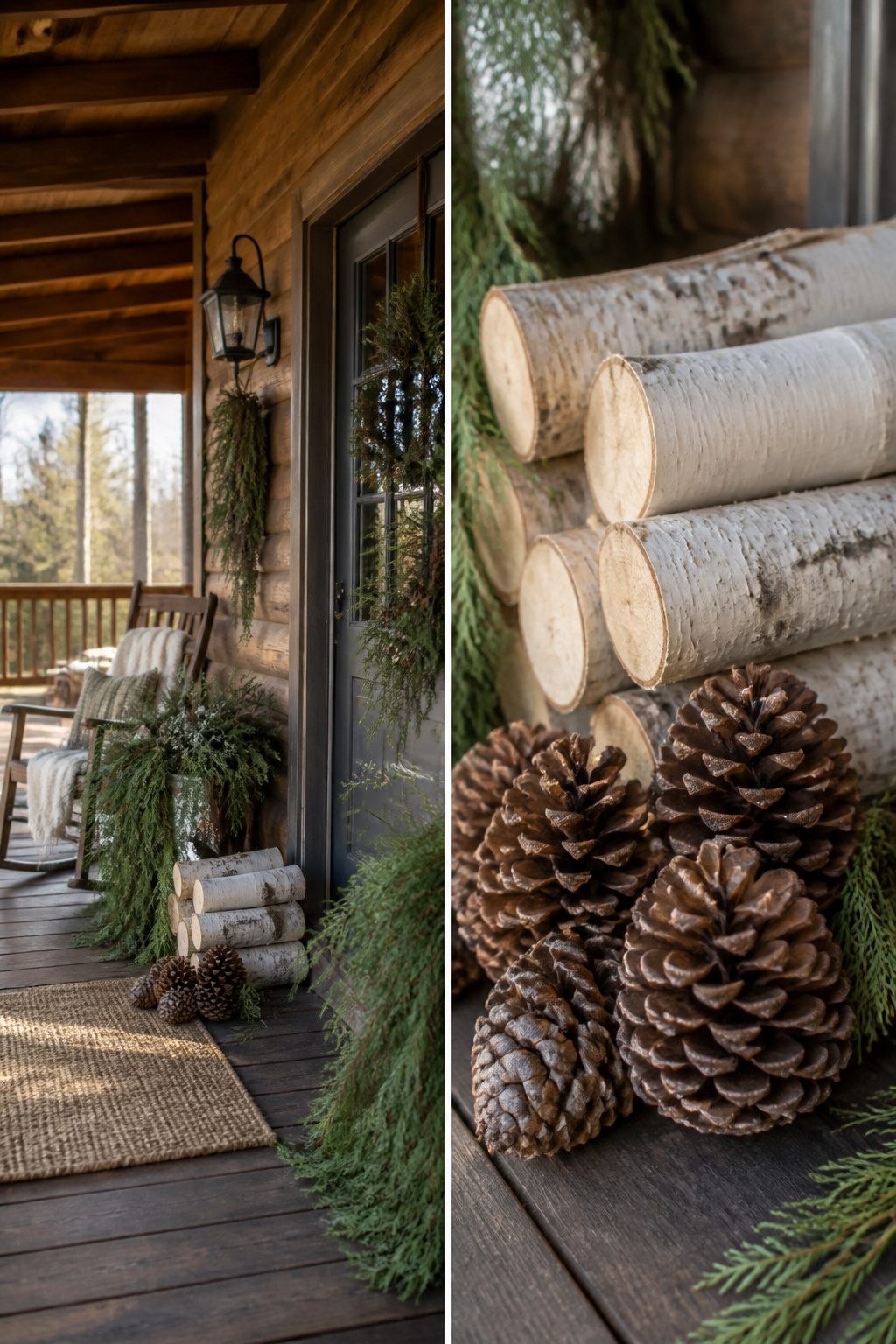 8 Christmas Front Porch Decorating Ideas for 2026 10 Pinecones and birch logs arranged attractively on a porch.