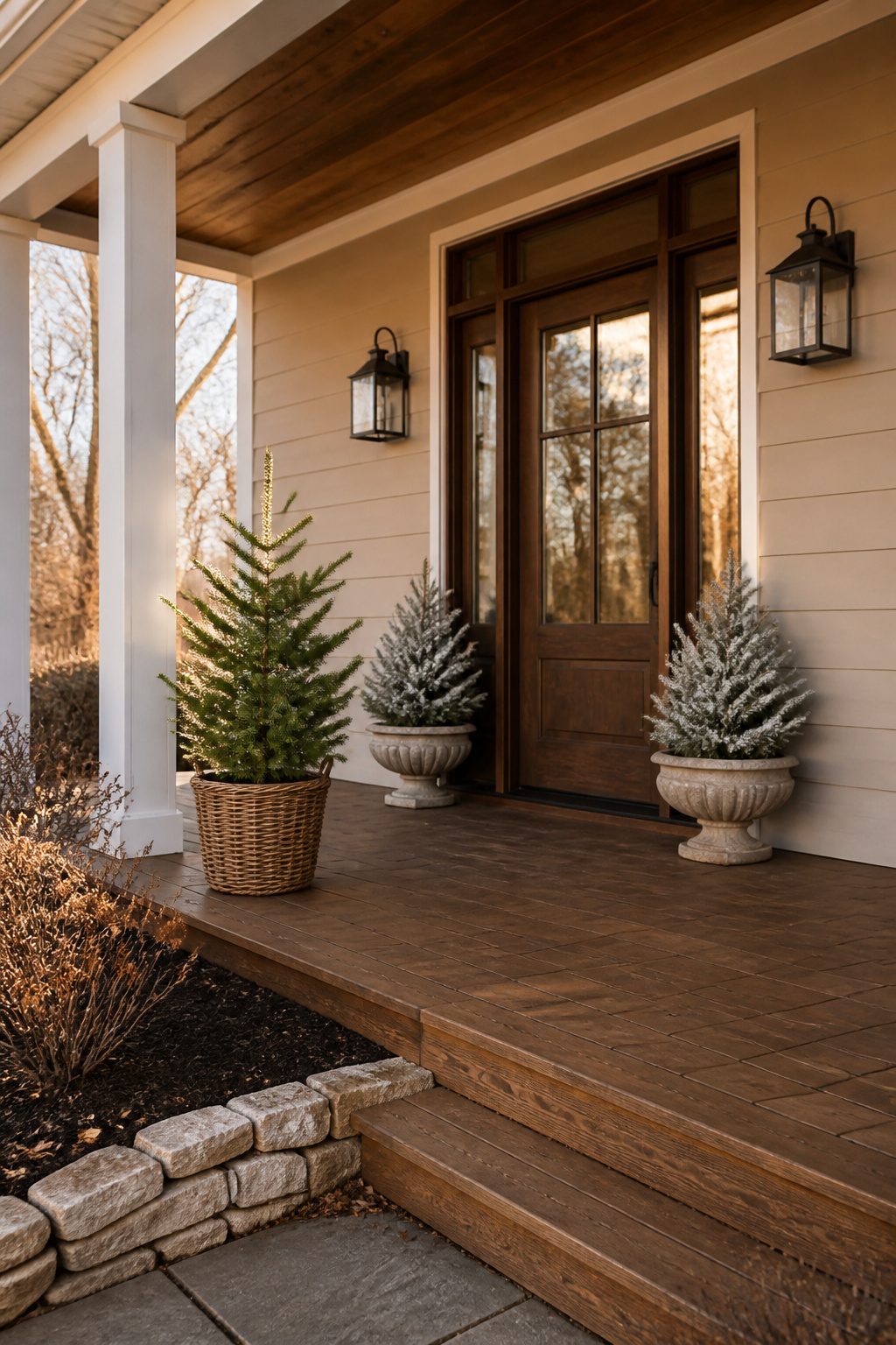 8 Christmas Front Porch Decorating Ideas for 2026 2 A Norfolk pine in a simple basket on the porch.