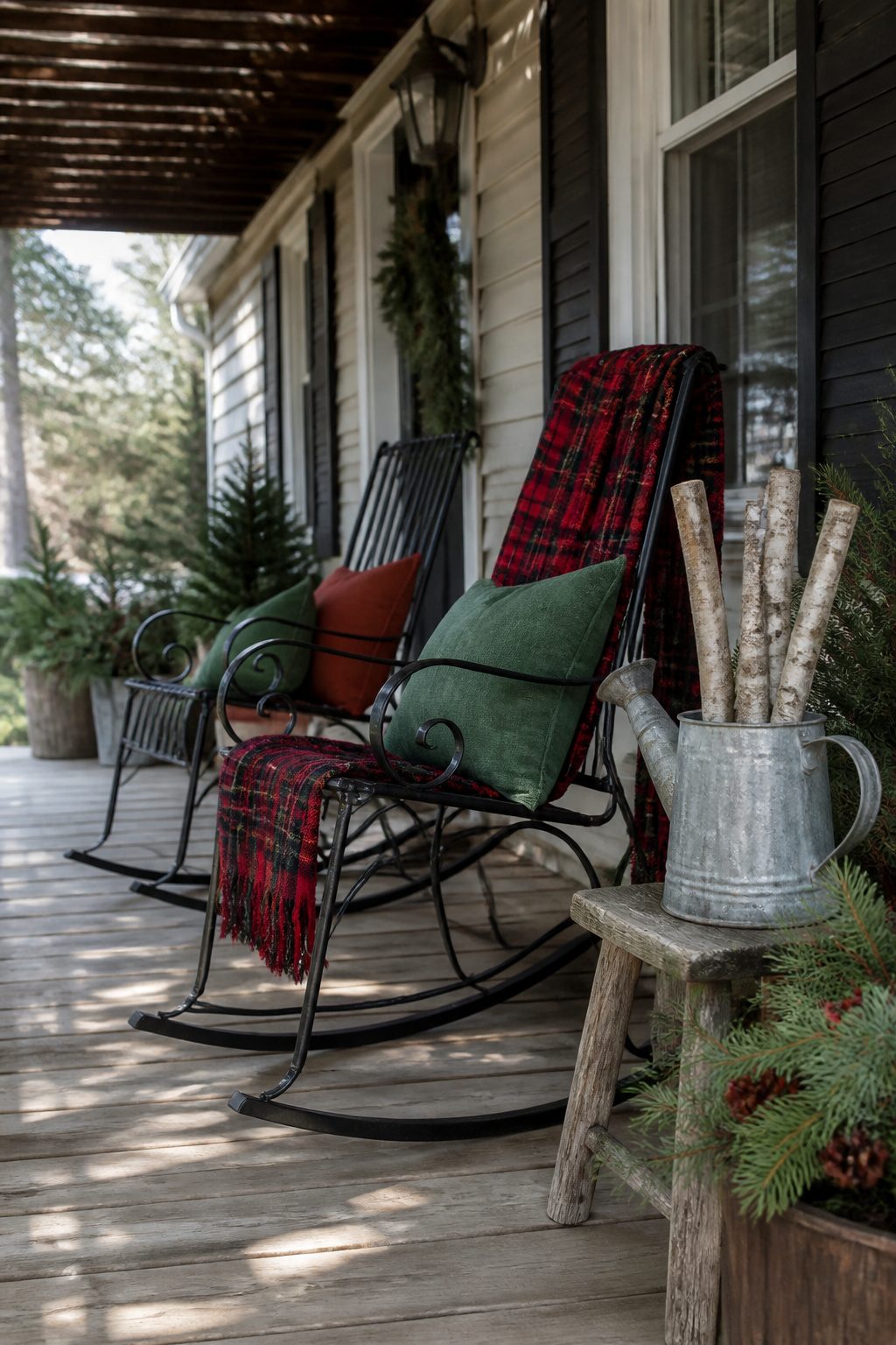 8 Christmas Front Porch Decorating Ideas for 2026 3 Two rocking chairs with pillows and a blanket on a porch.