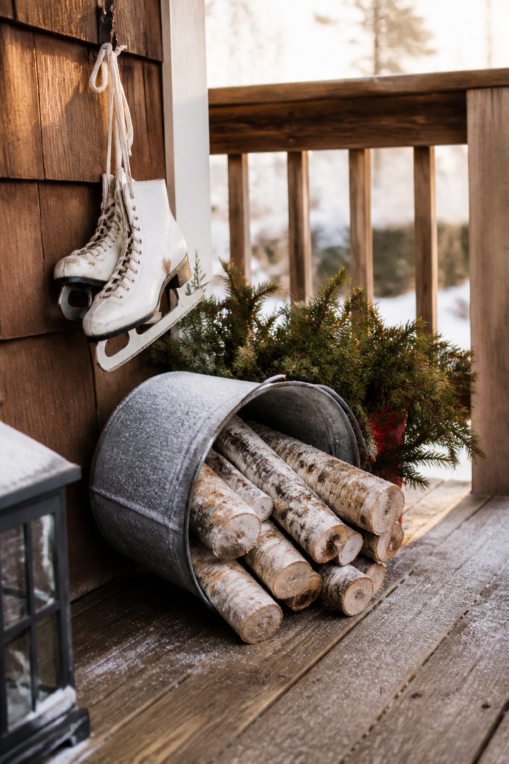 8 Christmas Front Porch Decorating Ideas for 2026 8 A galvanized bucket with birch logs and vintage ice skates.