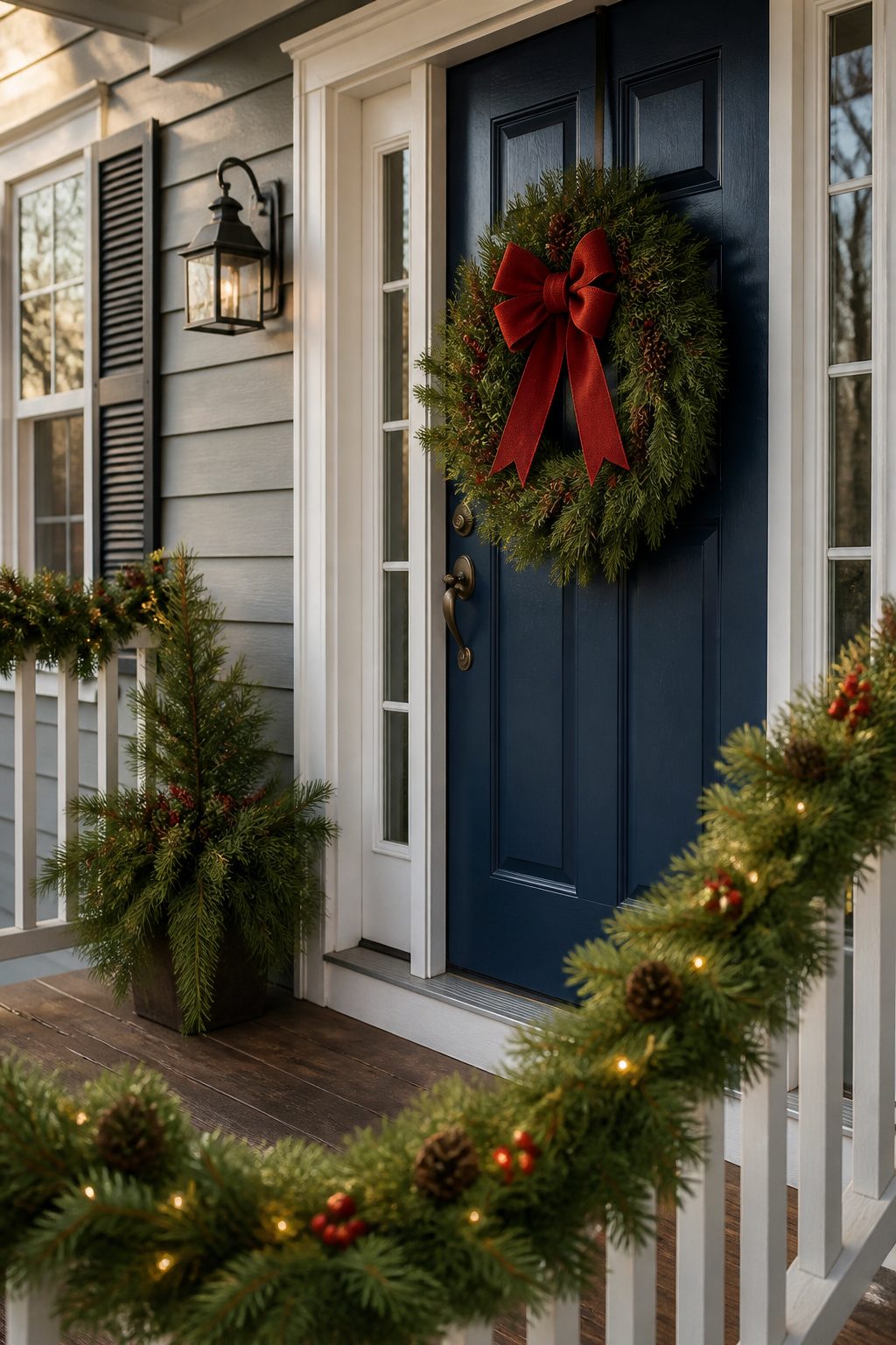 8 Christmas Front Porch Decorating Ideas for 2026 1 A decorated door with a wreath and garland.