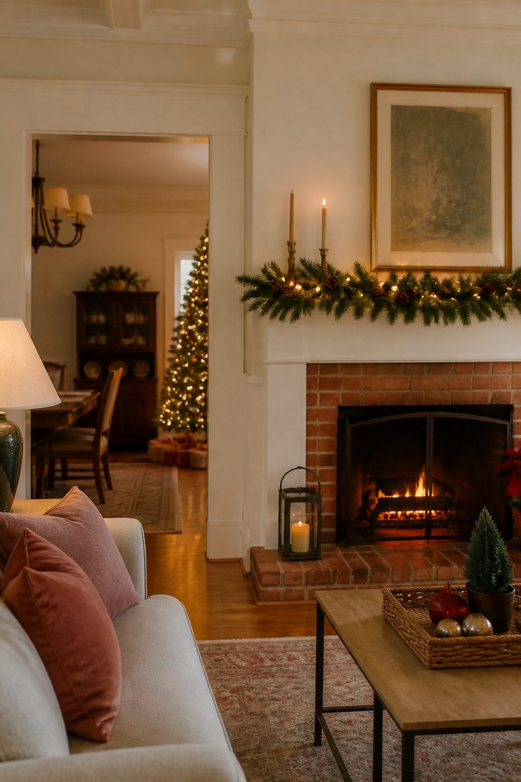 Tree-lined streets in Decatur showcasing homes decorated for the holidays.