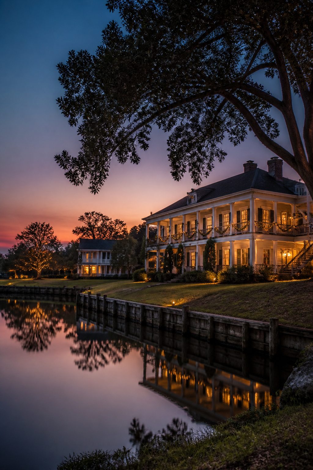 Creole houses along Cane River Lake decorated for the Natchitoches Christmas Tour.