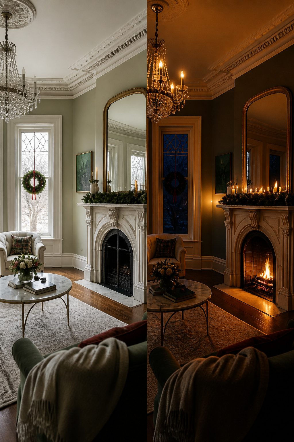 Candlelight illuminating historic home interiors during a Christmas tour.