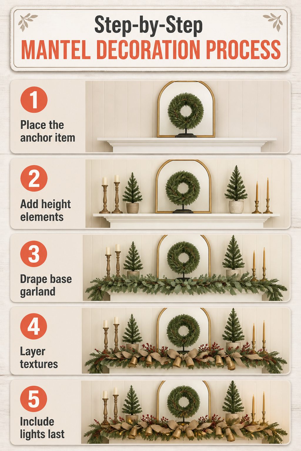 Instructions for decorating a mantel in a step-by-step format.