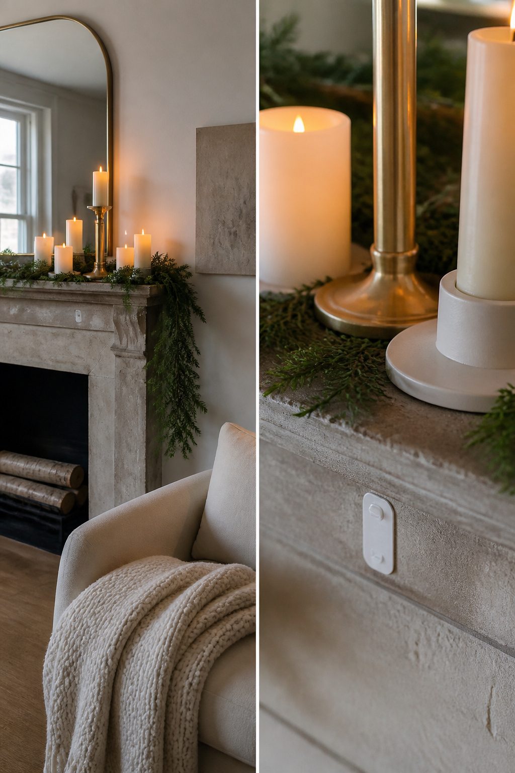 A mantel featuring candles of different heights in brass holders.
