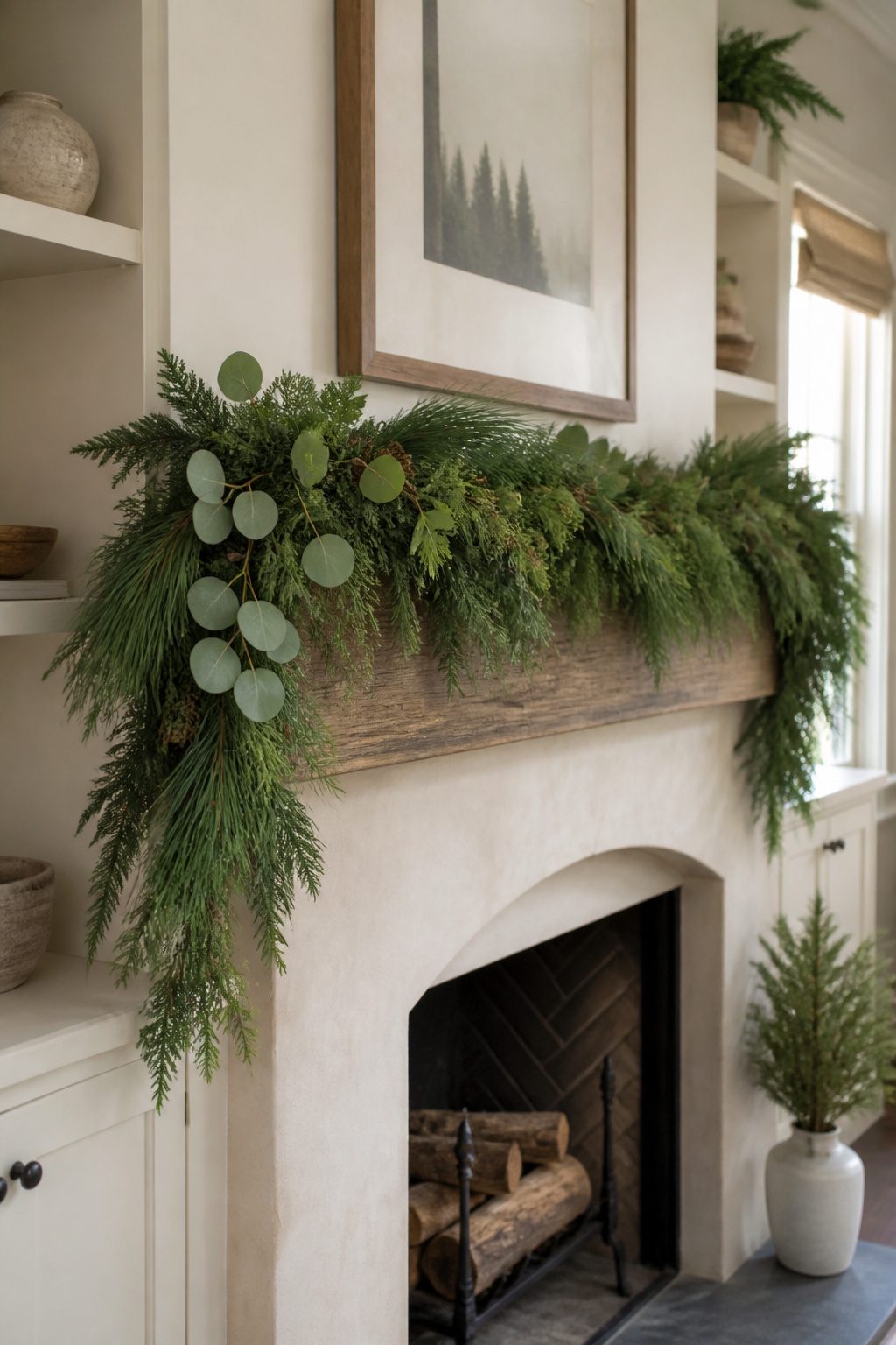 A layered garland of eucalyptus, pine, and cedar on a mantel.