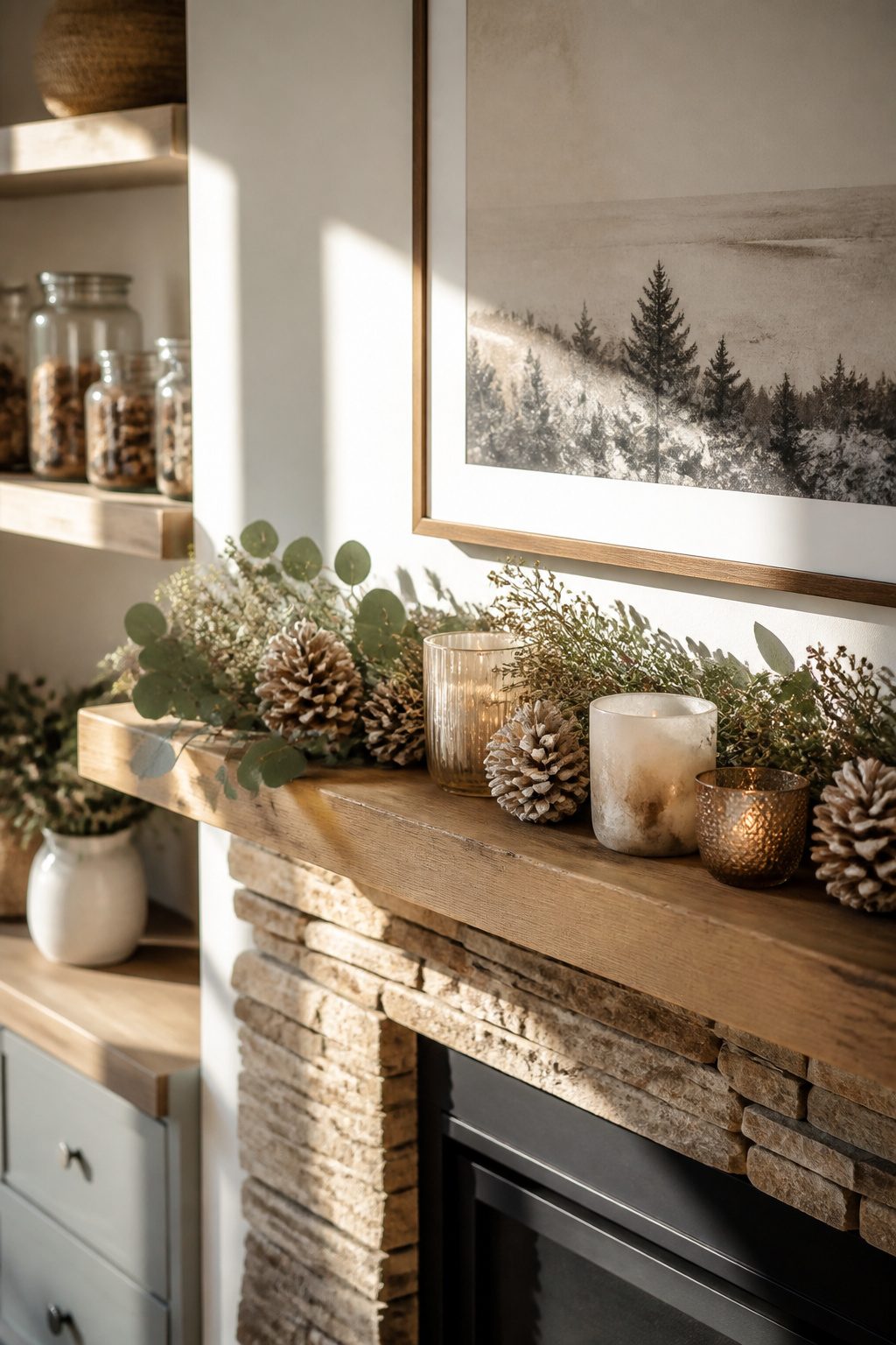 A mantel decorated with dried pinecones and eucalyptus sprigs.