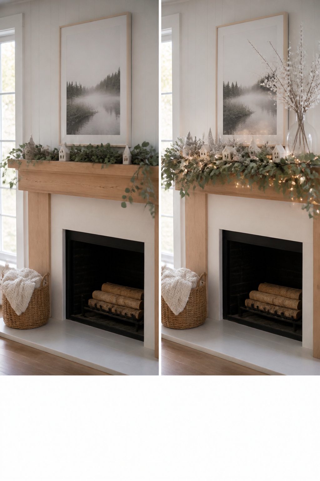 A mantel decorated with pastel colors and unique holiday decor.