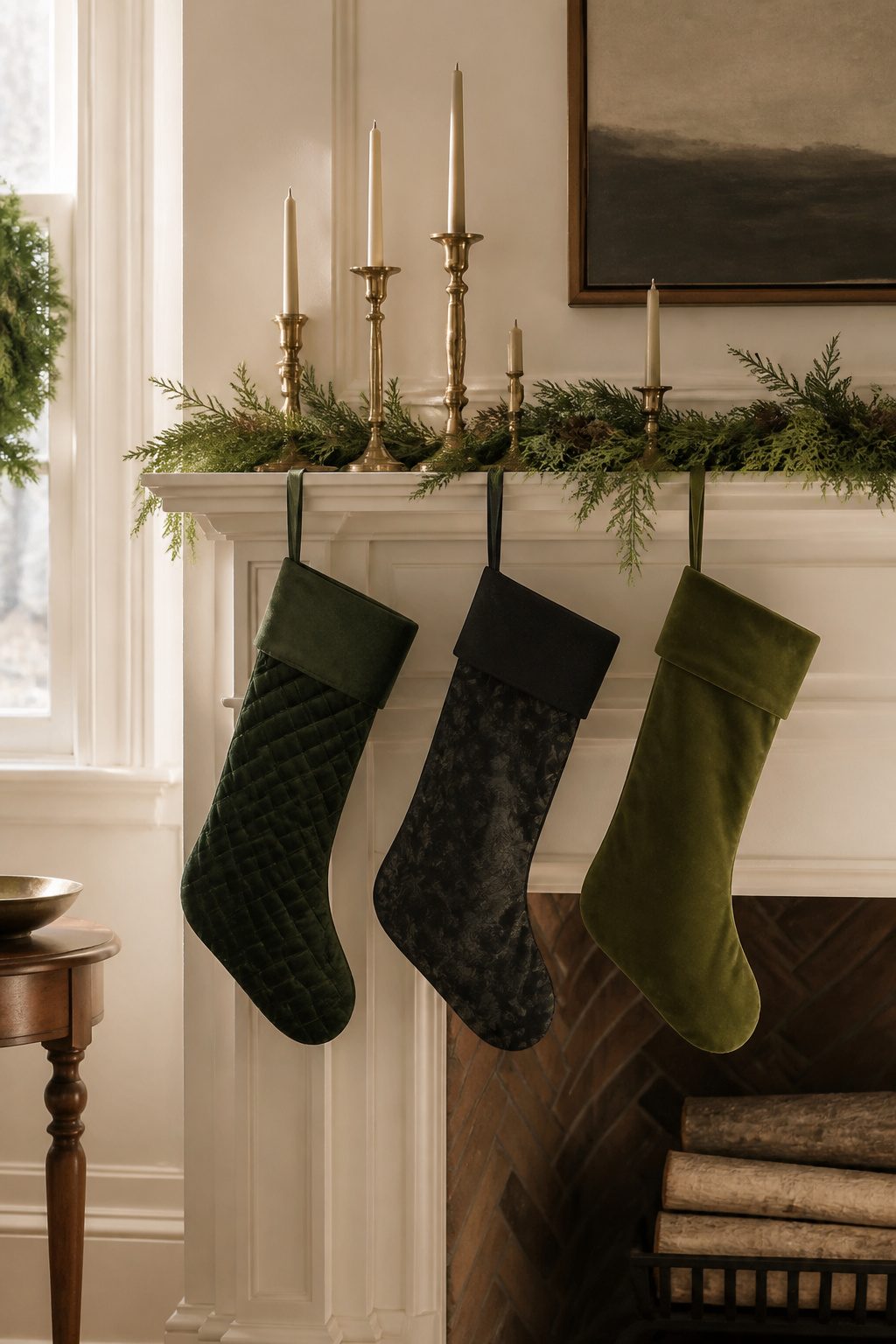 Three stockings in deep green and black hanging from a mantel.