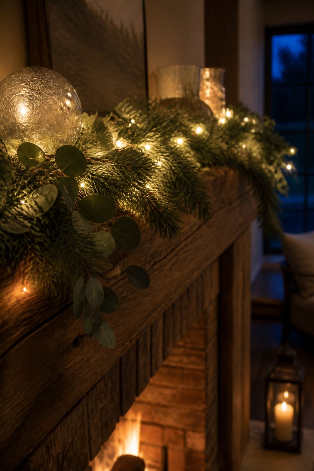 A mantel decorated with twinkle lights and a garland of eucalyptus and pine.