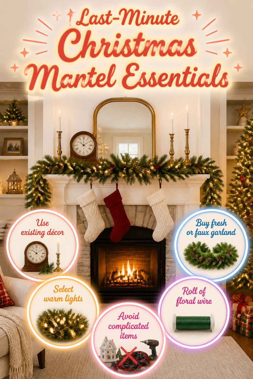 A collection of last-minute Christmas mantel essentials.