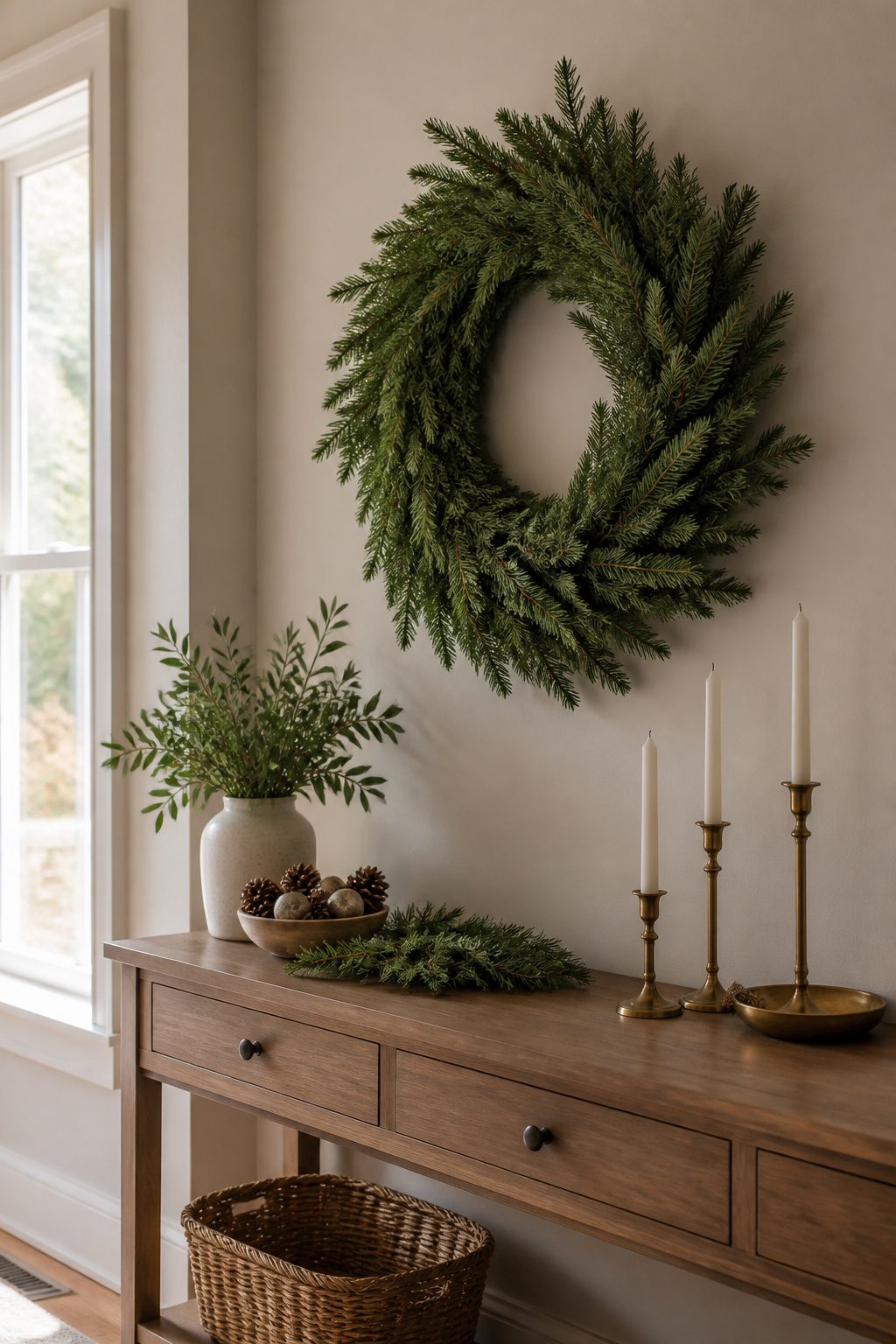 Ashton Spruce wreath with tapered branch tips against a creamy wall.