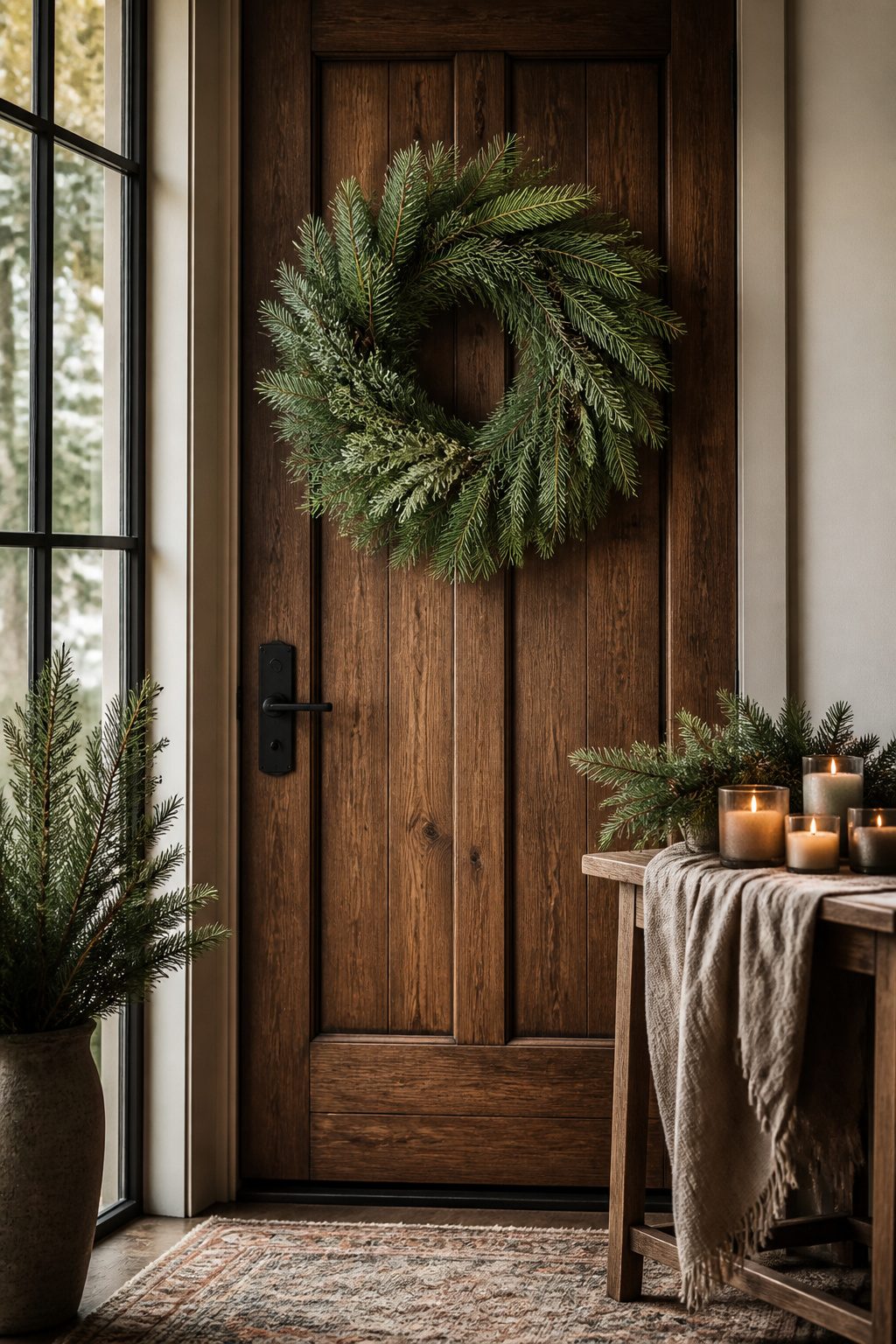 Foxtail Mixed Pine wreath against a rustic door.